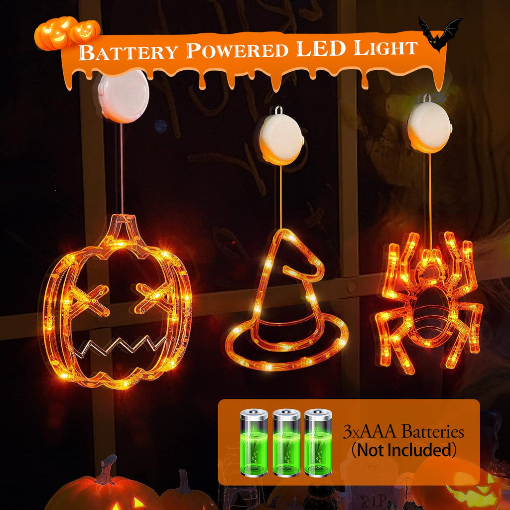 Set Of 3 Pack Halloween Window Light Spider Witch Hat Pumpkin With Orange Light Hanging Halloween Decoration Light With Suction Cup Hanging Holes