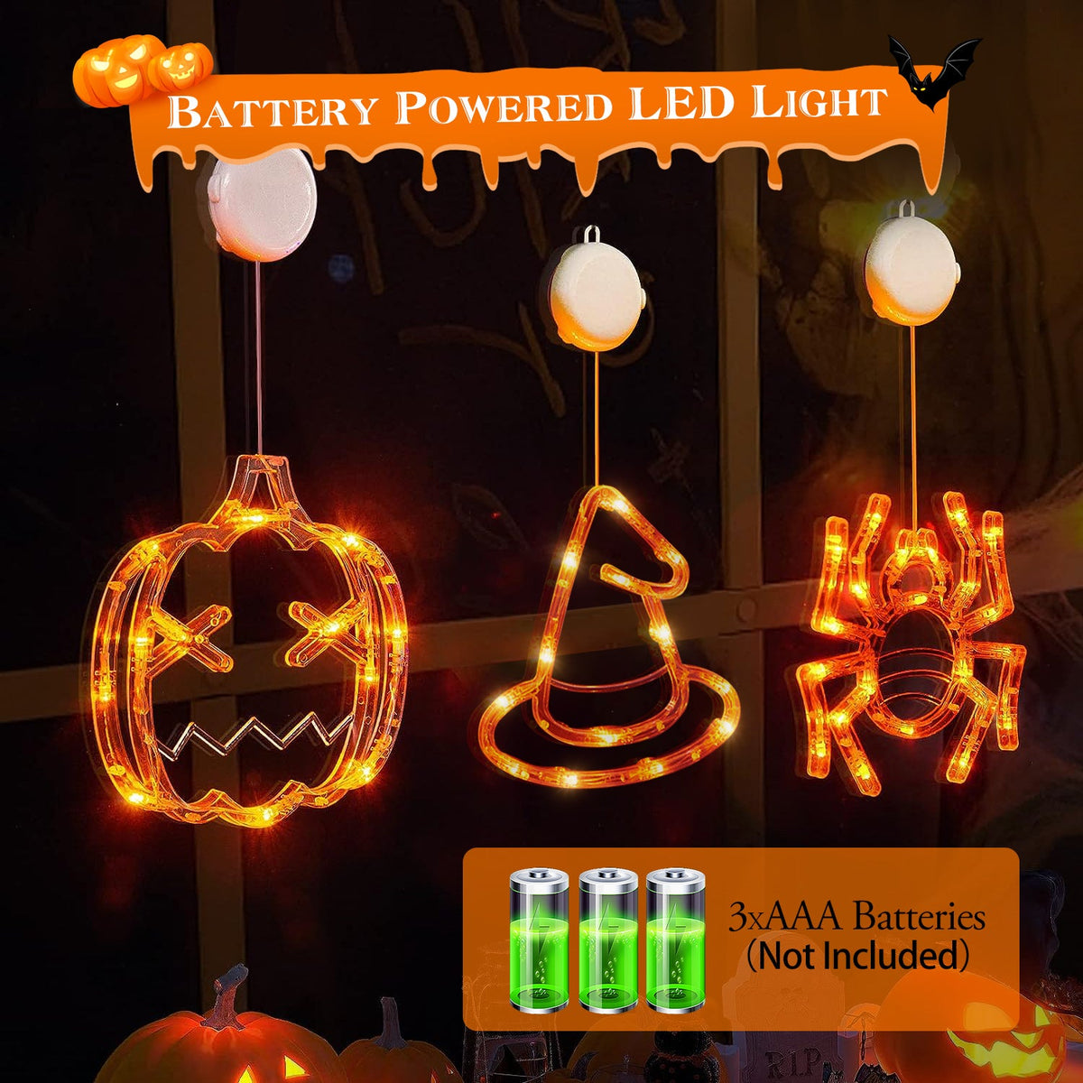 Set Of 3 Pack Halloween Window Light Spider Witch Hat Pumpkin With Orange Light Hanging Halloween Decoration Light With Suction Cup Hanging Holes