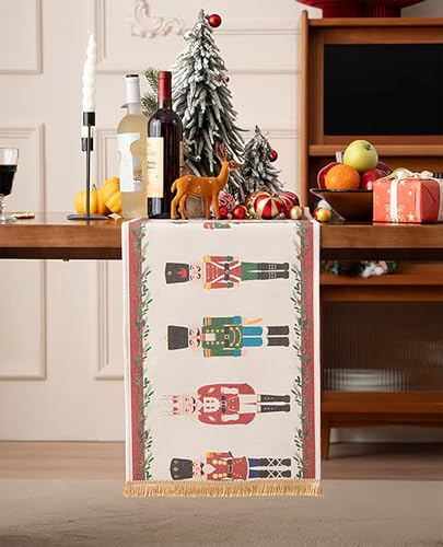 Fennco Styles Nutcracker Fringe Holiday Table Runner 14" W X 60" L - Multicolored Soldier Print Festive Table Cover for Christmas Décor, Banquet, Family Gathering and Special Events