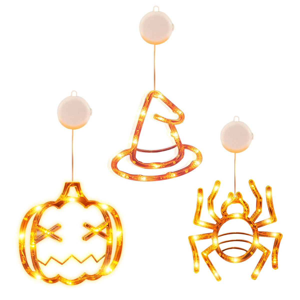 Set Of 3 Pack Halloween Window Light Spider Witch Hat Pumpkin With Orange Light Hanging Halloween Decoration Light With Suction Cup Hanging Holes