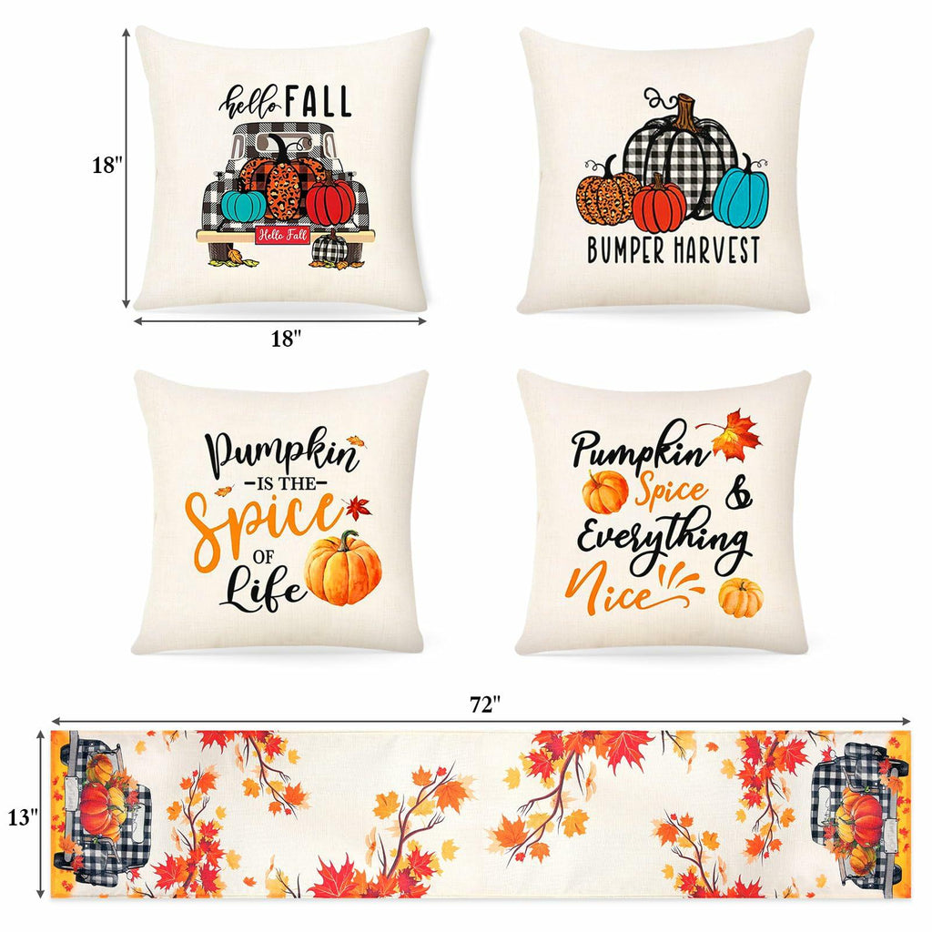 Soyezletop Thanksgiving Decor Set 5pcs Pillows 18x18in & Table Runner