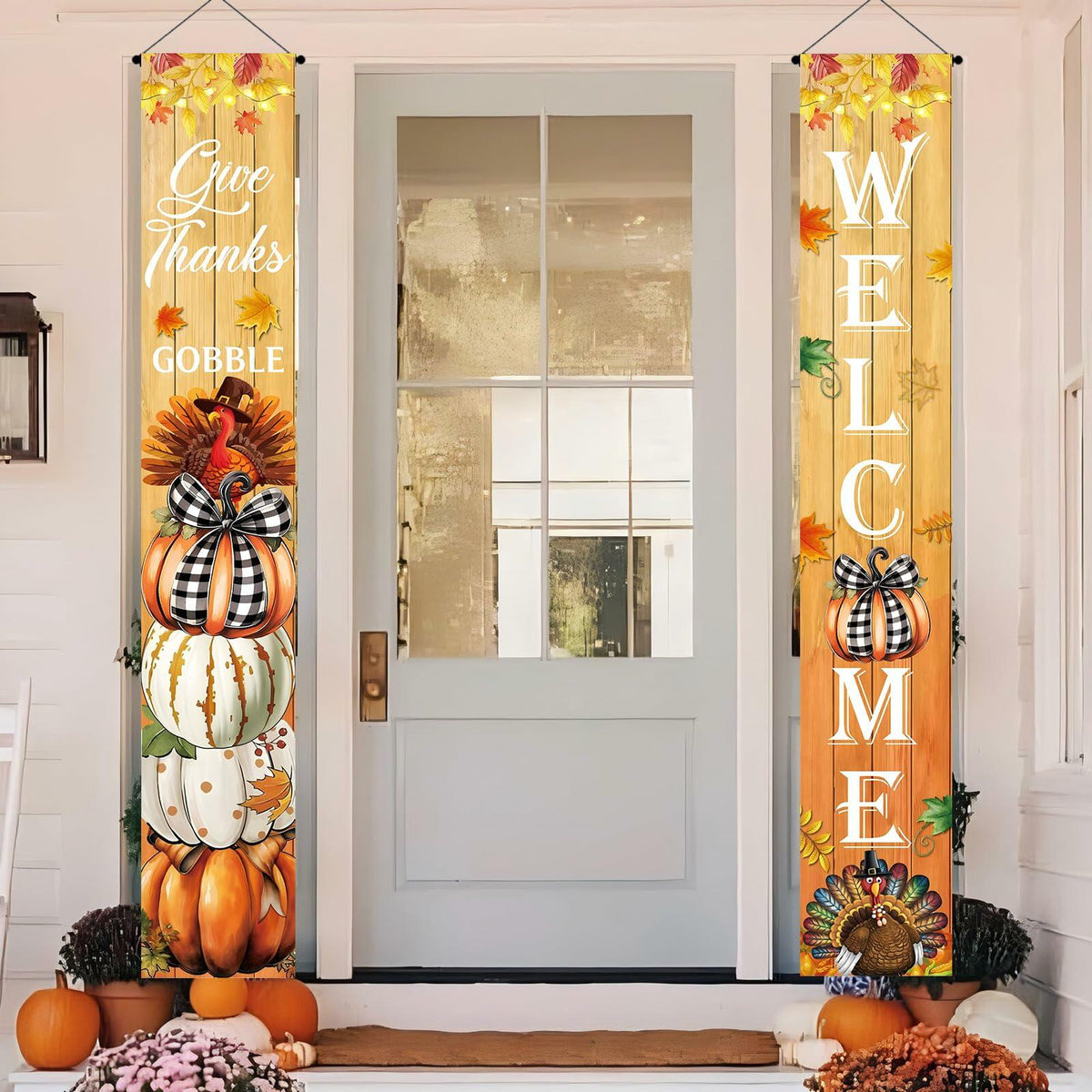 Vintage Welcome Thanksgiving Porch Banner Sign 70.8x11.8in Pumpkin Turkey Decor