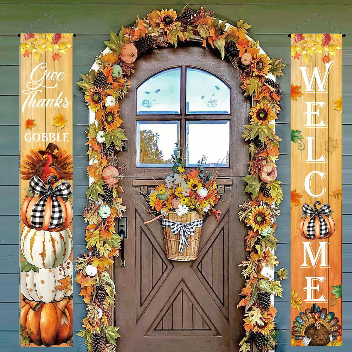 Vintage Welcome Thanksgiving Porch Banner Sign 70.8x11.8in Pumpkin Turkey Decor